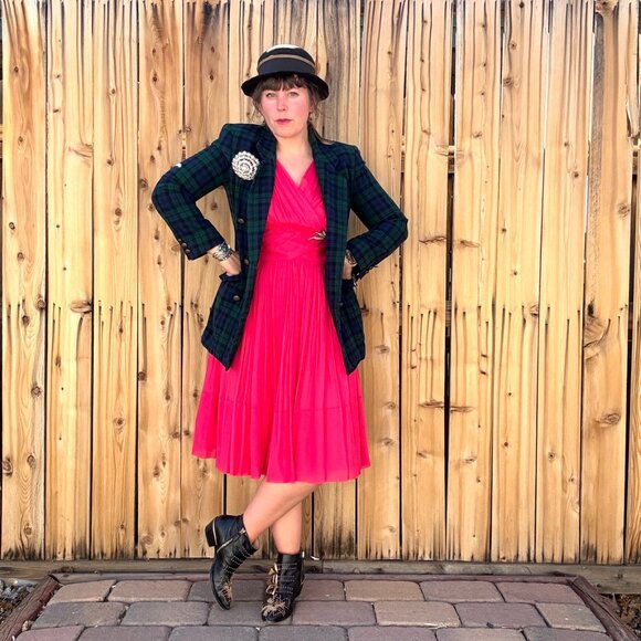 Vintage 60s Dress Fit Flare Chiffon Hot Pink Fuchsia Sleeveless V Neck Size M/L - Picture 12 of 12